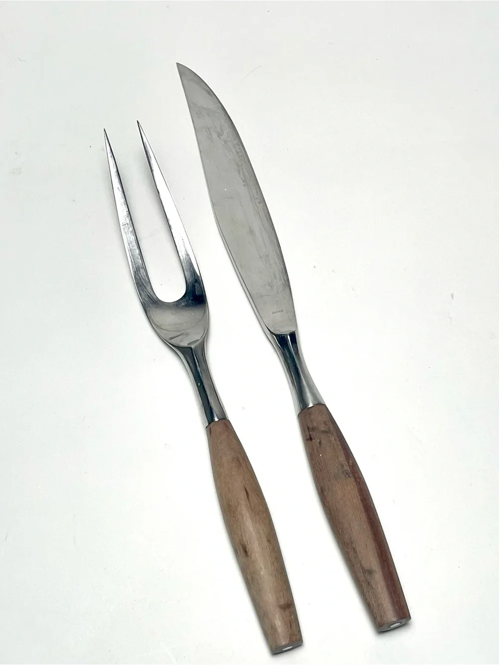 Vintage MCM Carving Set Knife Fork Wood Handle Stainless By Present Japan 2 Pc